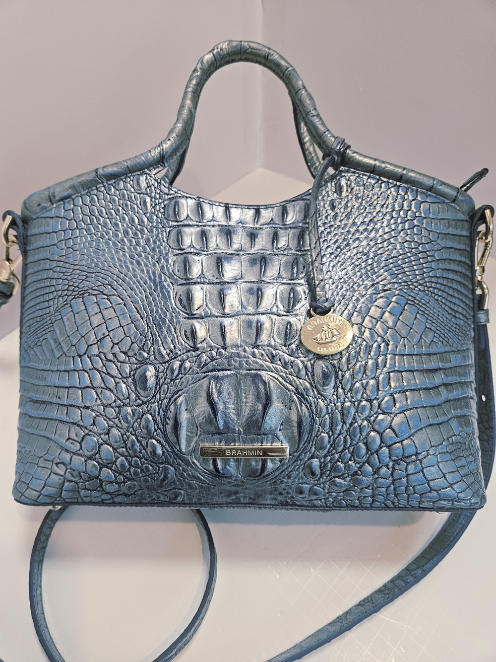 NWOT Brahmin Duxbury Satchel Blue Metallic Croc Embossed Leather Handbag + Strap